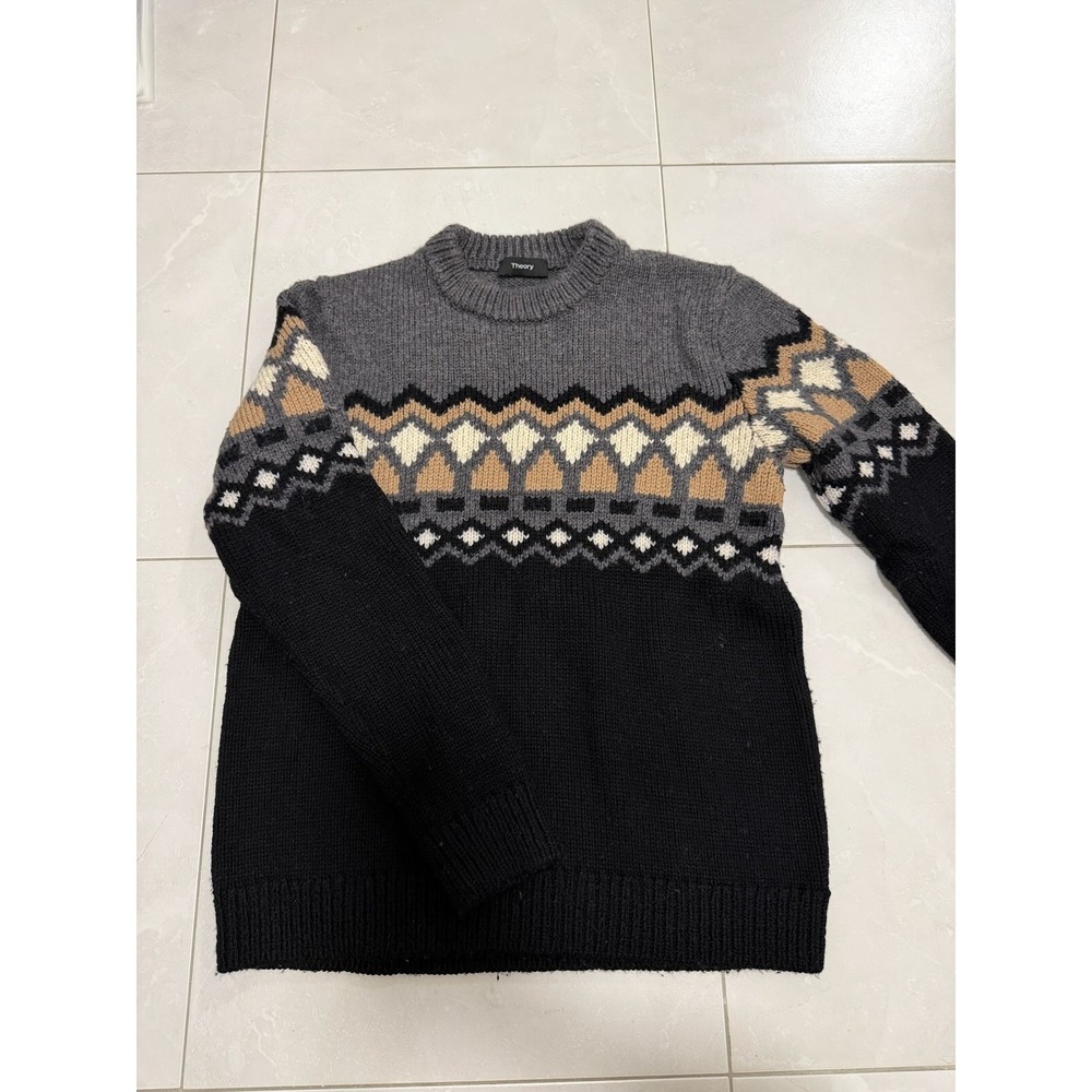 Theory Men's Fair Isle Crewneck Knit Sweater Black Gray Tan AS IS